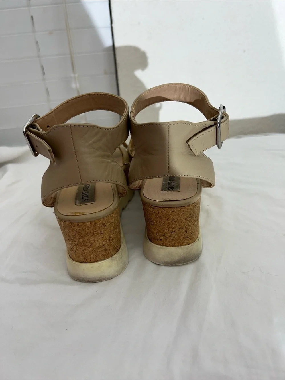 Steve Madden Beige Cork Platform Sandals with Ankle Buckle